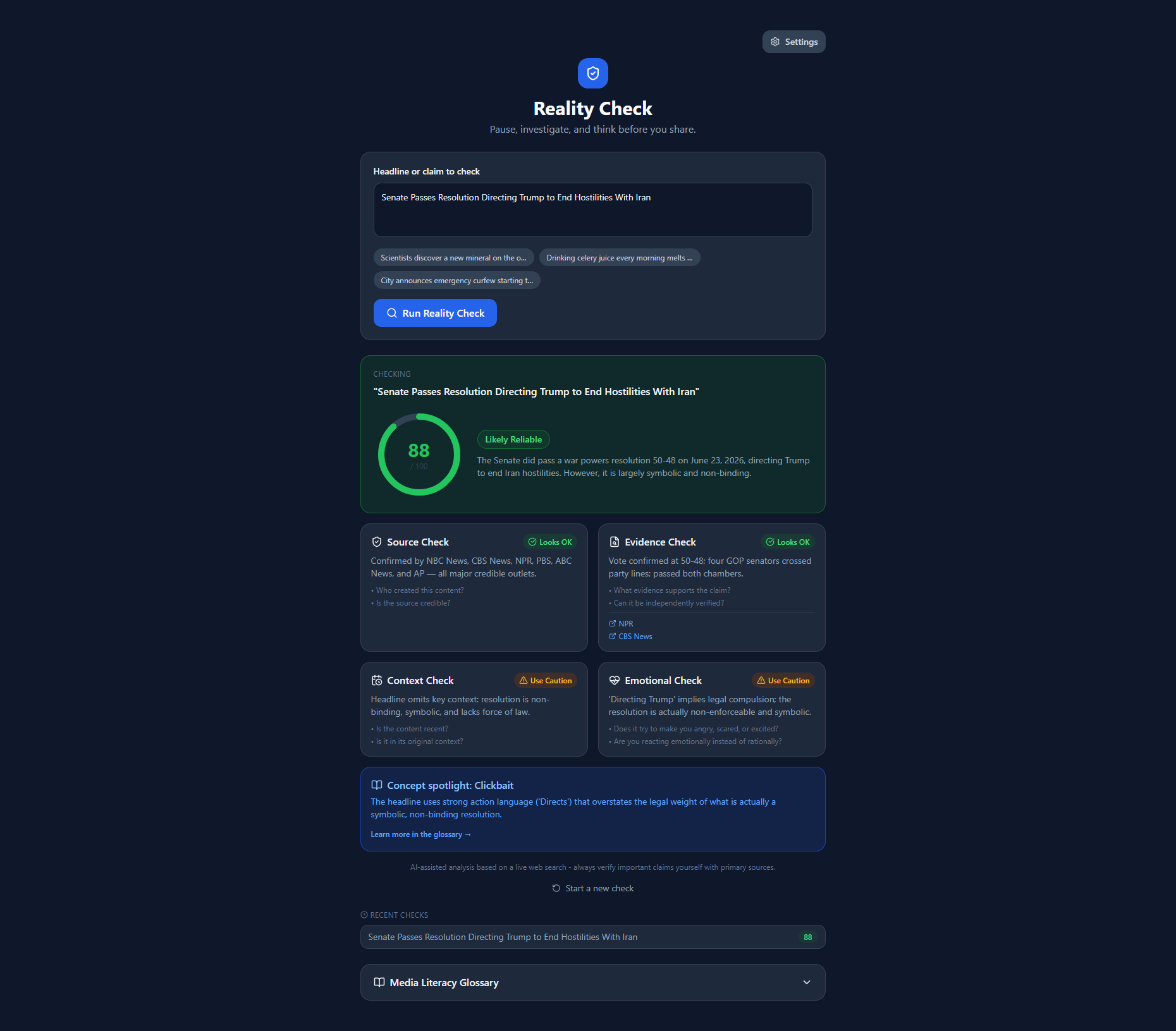 Reality Check interface